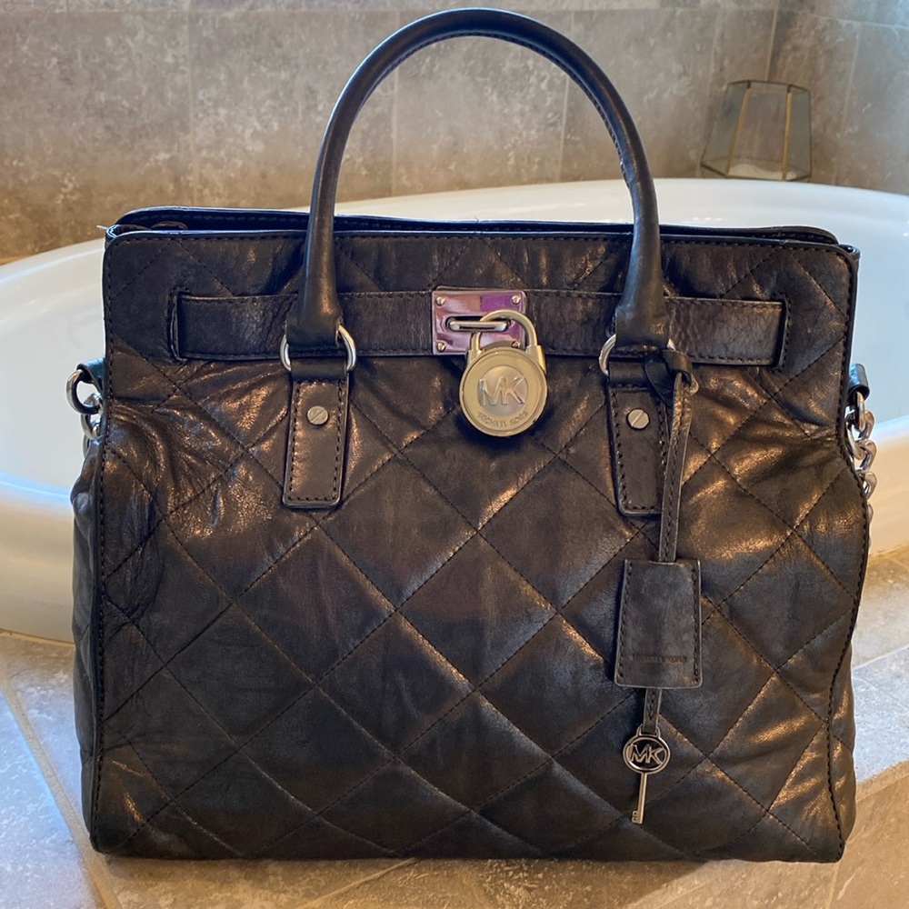 Large quilted charcoal black leather Michael Kors bag w/lock & key hardware